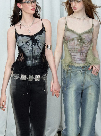 Mint Mambo Lace Trimmed Print Camisole With Beaded Details