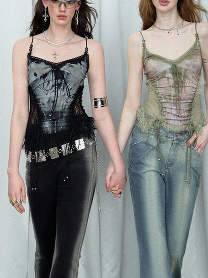 Mint Mambo Lace Trimmed Print Camisole With Beaded Details