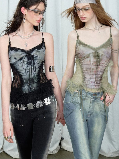 Mint Mambo Lace Trimmed Print Camisole With Beaded Details