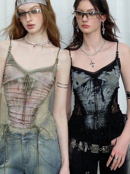 Mint Mambo Lace Trimmed Print Camisole With Beaded Details