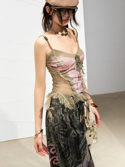 Mint Mambo Lace Trimmed Print Camisole With Beaded Details