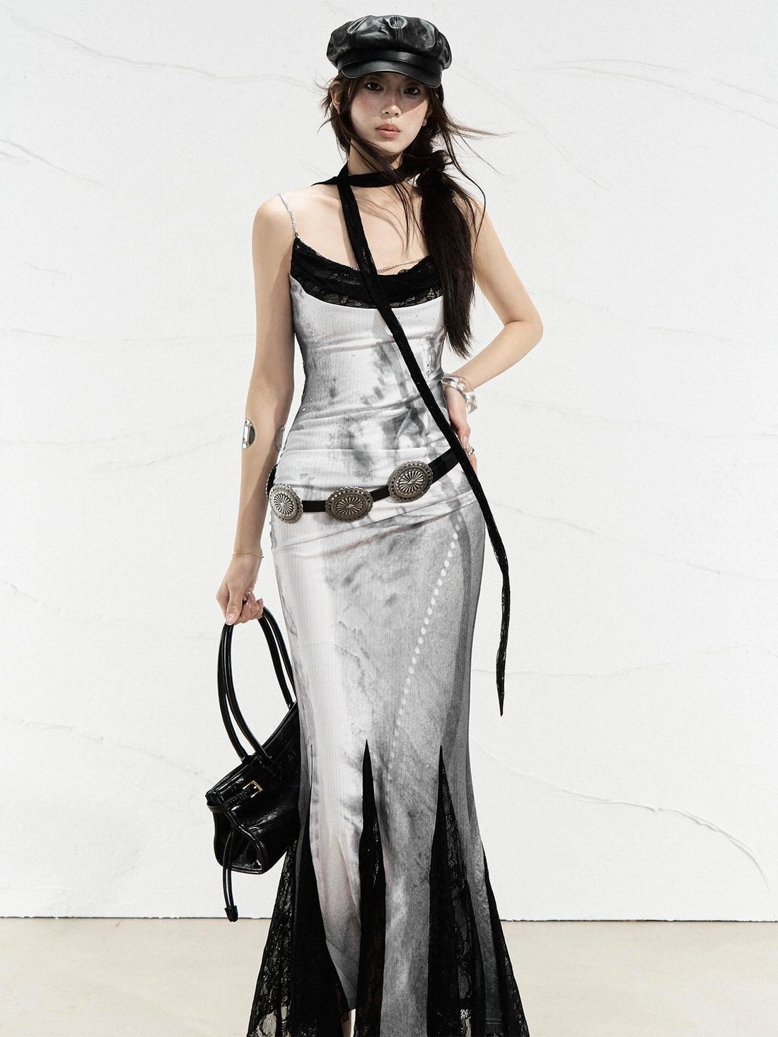 OfAkiva Moonlit Sculpture Lace Crystal Drop Neck V-neck Dress