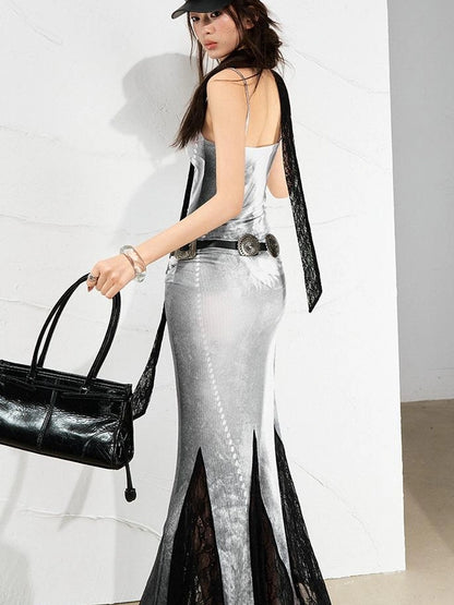 OfAkiva Moonlit Sculpture Lace Crystal Drop Neck V-neck Dress