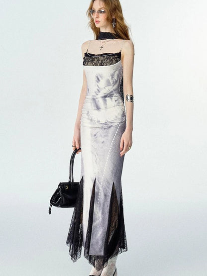 OfAkiva Moonlit Sculpture Lace Crystal Drop Neck V-neck Dress