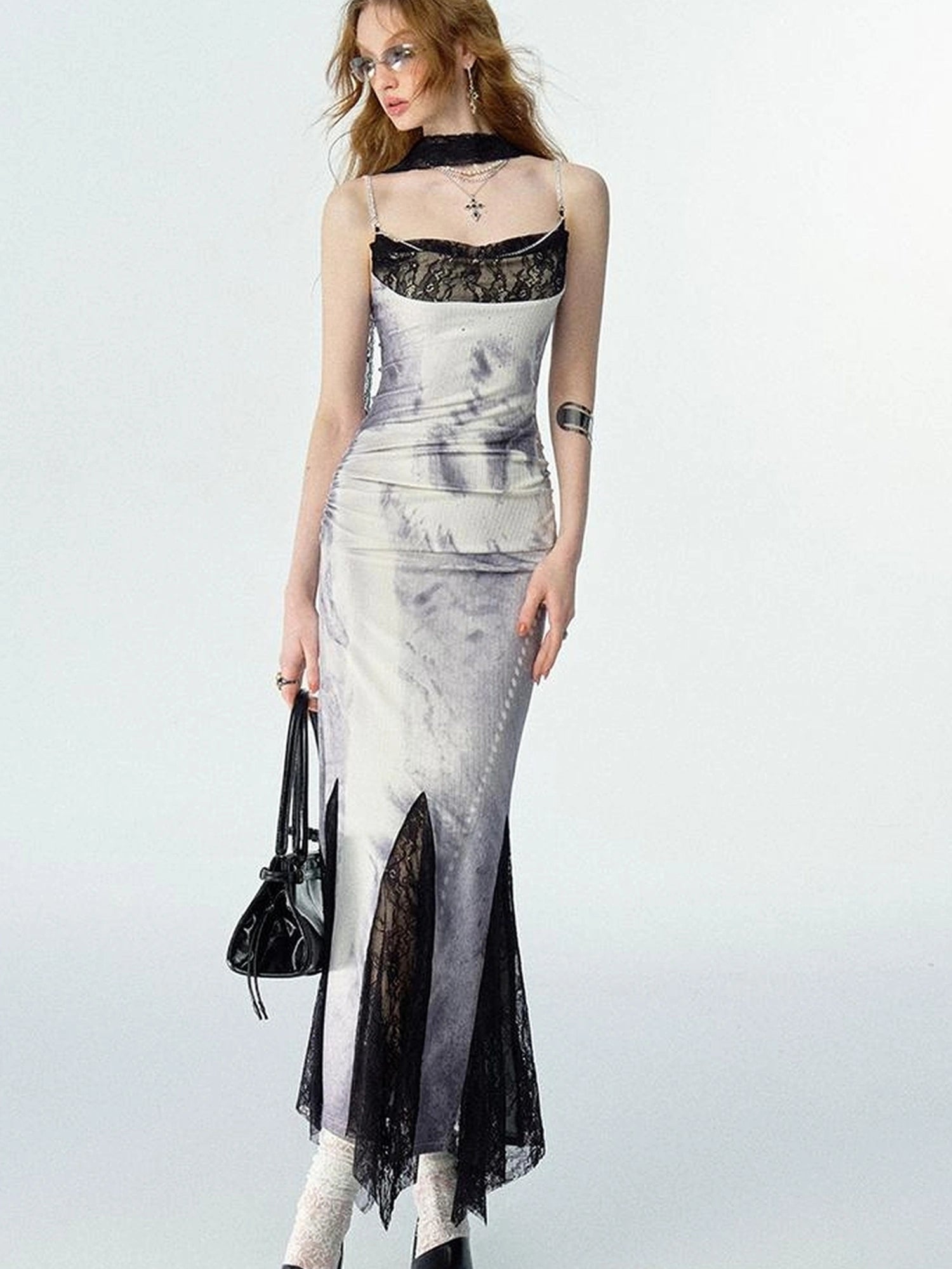 OfAkiva Moonlit Sculpture Lace Crystal Drop Neck V-neck Dress