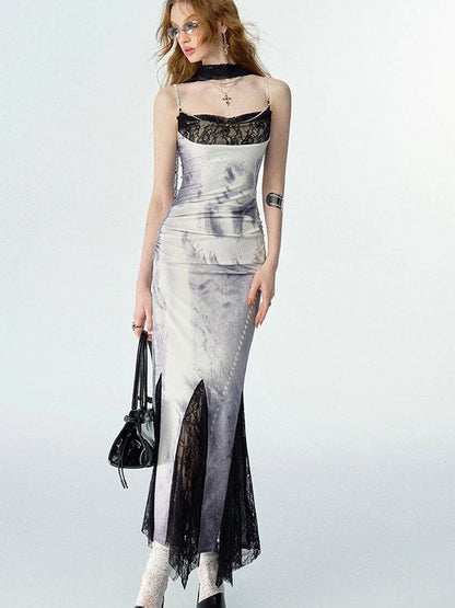 OfAkiva Moonlit Sculpture Lace Crystal Drop Neck V-neck Dress