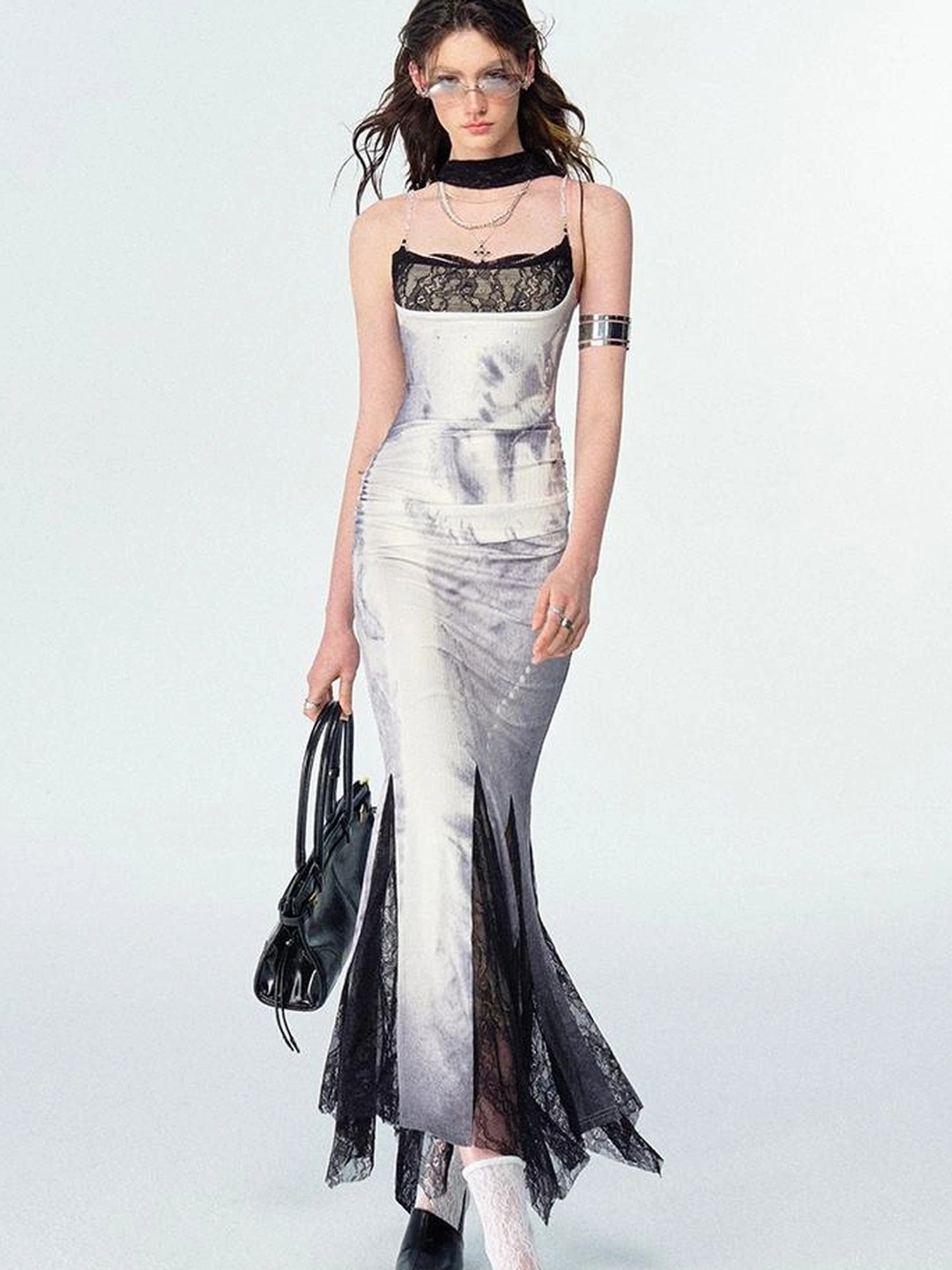 OfAkiva Moonlit Sculpture Lace Crystal Drop Neck V-neck Dress