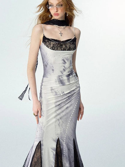 OfAkiva Moonlit Sculpture Lace Crystal Drop Neck V-neck Dress