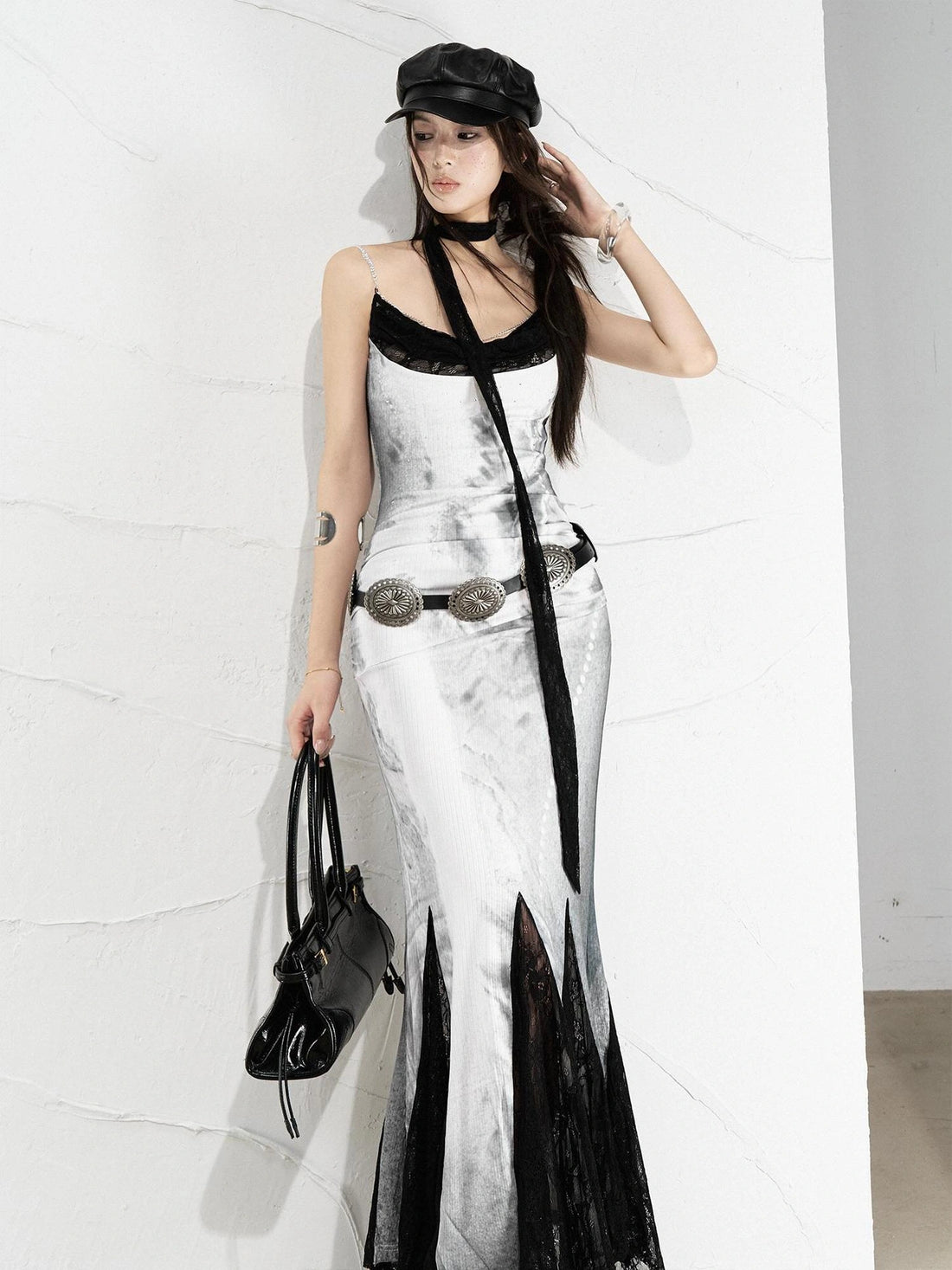 OfAkiva Moonlit Sculpture Lace Crystal Drop Neck V-neck Dress