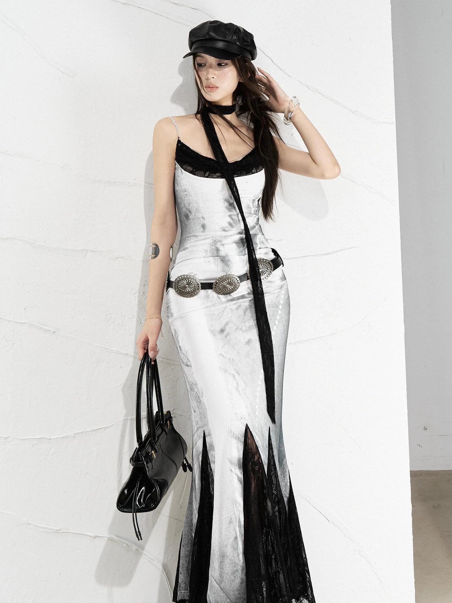 OfAkiva Moonlit Sculpture Lace Crystal Drop Neck V-neck Dress