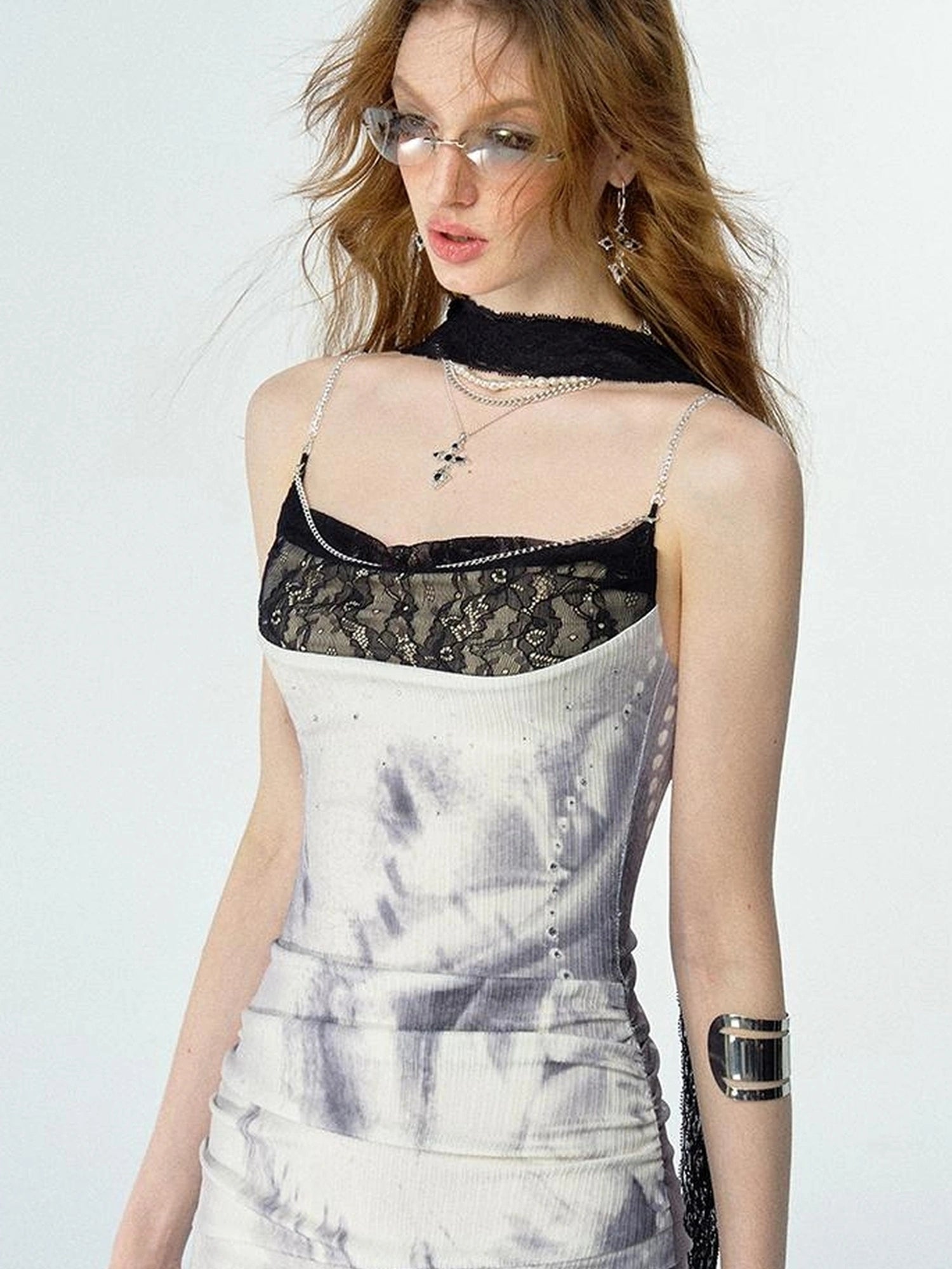 OfAkiva Moonlit Sculpture Lace Crystal Drop Neck V-neck Dress