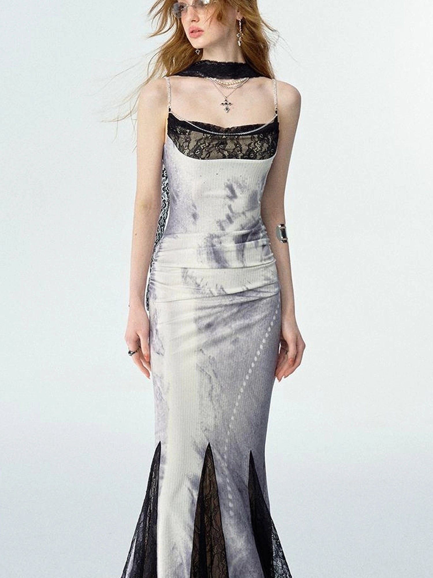 OfAkiva Moonlit Sculpture Lace Crystal Drop Neck V-neck Dress