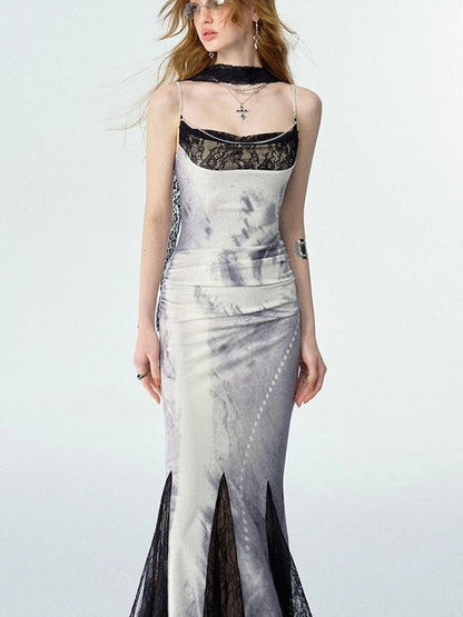 OfAkiva Moonlit Sculpture Lace Crystal Drop Neck V-neck Dress