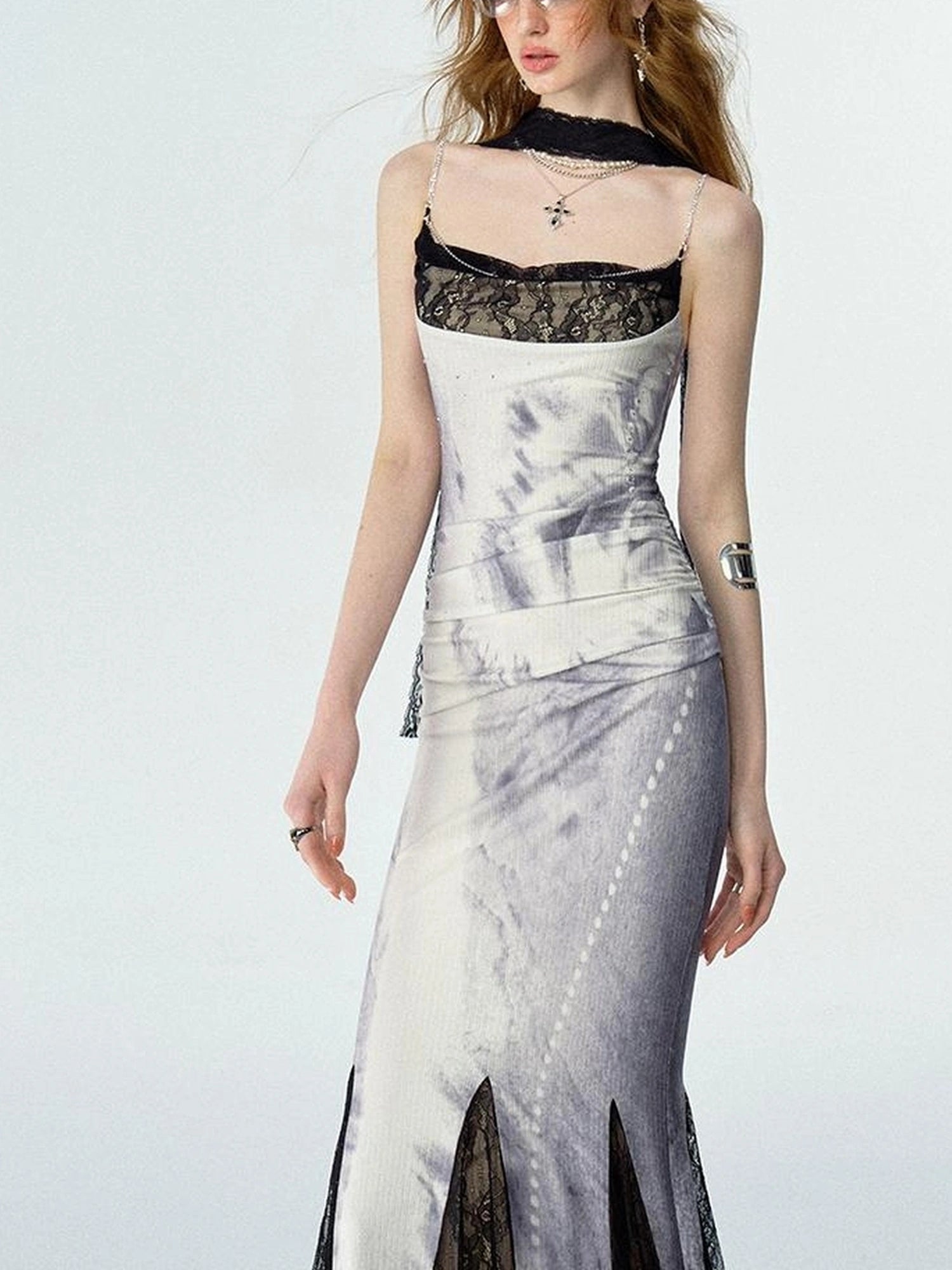 OfAkiva Moonlit Sculpture Lace Crystal Drop Neck V-neck Dress