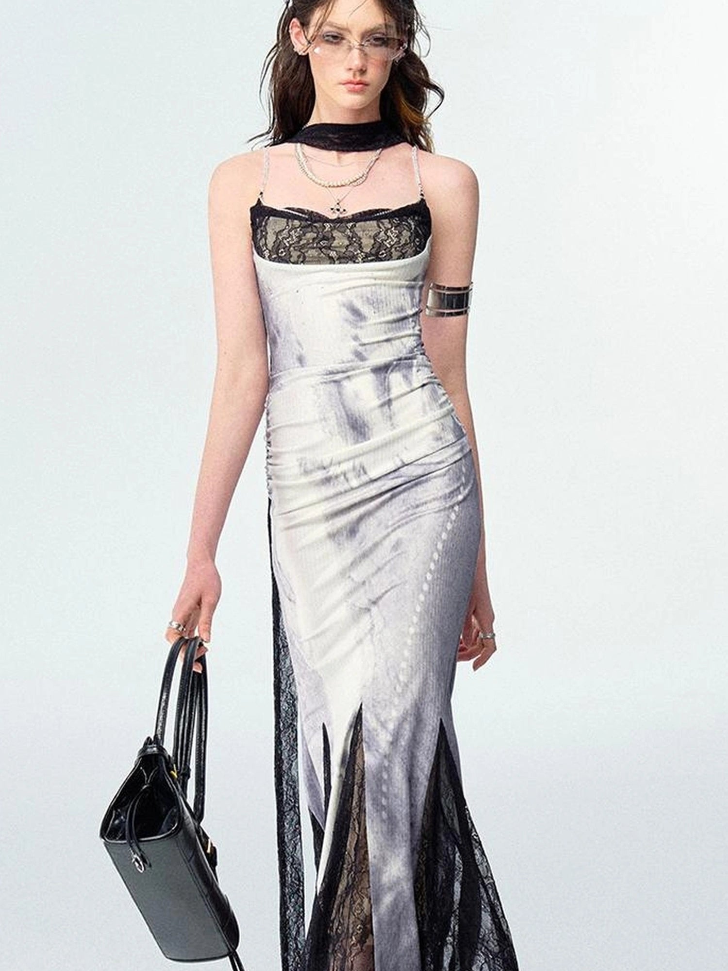 OfAkiva Moonlit Sculpture Lace Crystal Drop Neck V-neck Dress