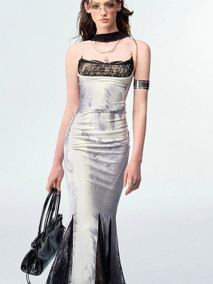 OfAkiva Moonlit Sculpture Lace Crystal Drop Neck V-neck Dress