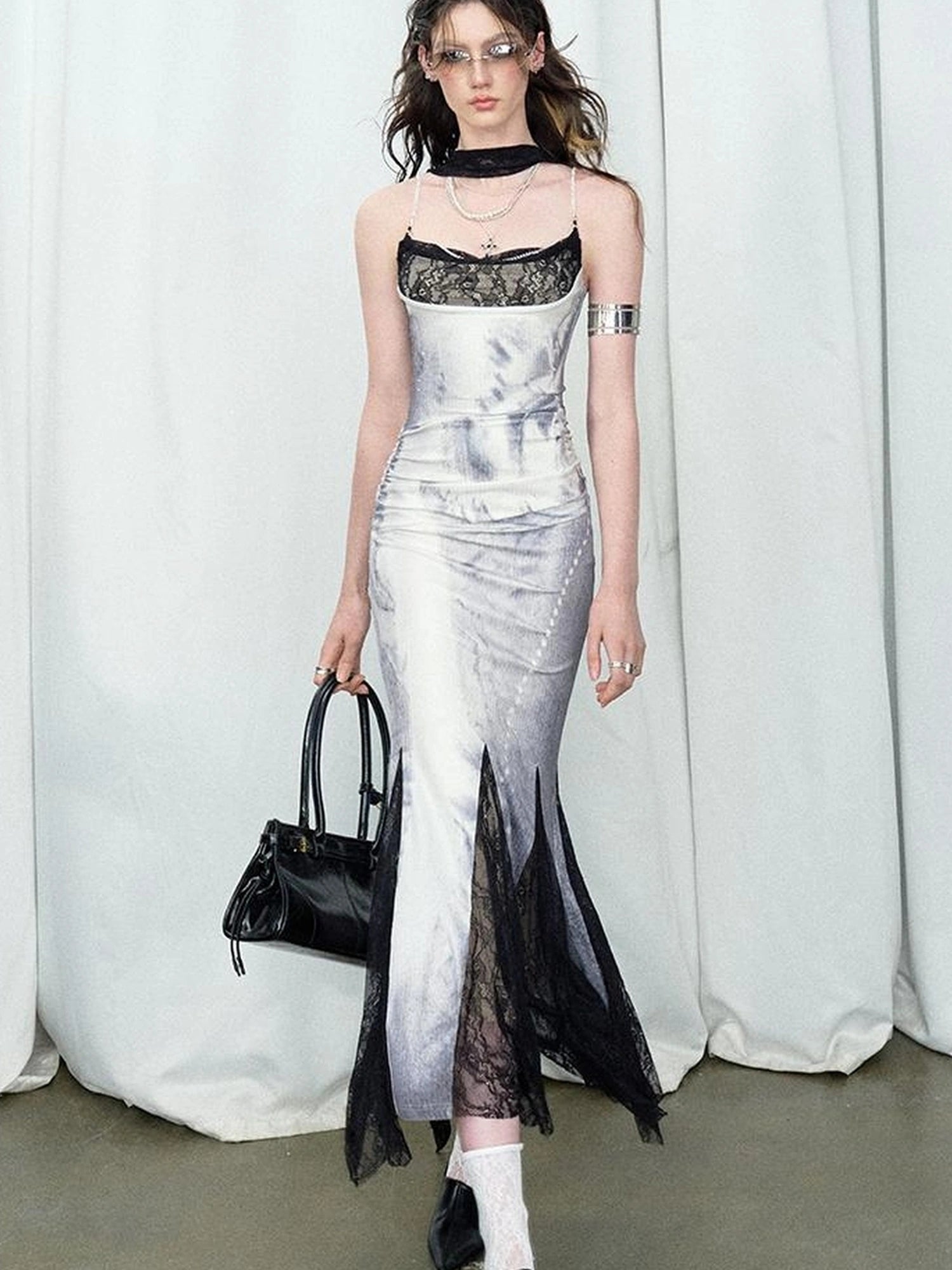 OfAkiva Moonlit Sculpture Lace Crystal Drop Neck V-neck Dress