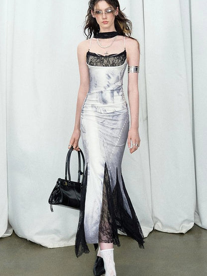 OfAkiva Moonlit Sculpture Lace Crystal Drop Neck V-neck Dress