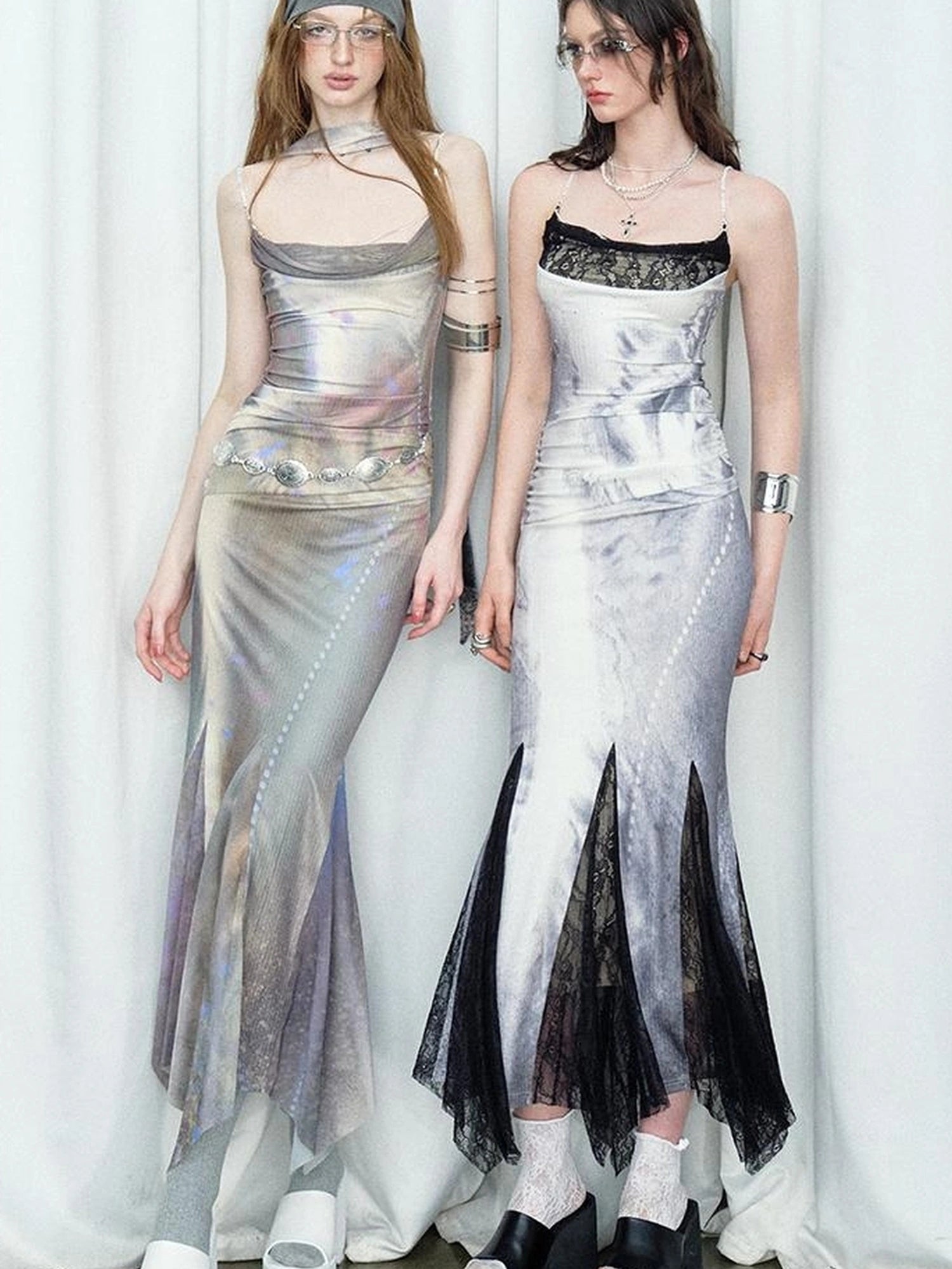 OfAkiva Moonlit Sculpture Lace Crystal Drop Neck V-neck Dress