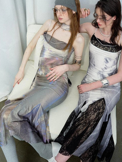 OfAkiva Moonlit Sculpture Lace Crystal Drop Neck V-neck Dress