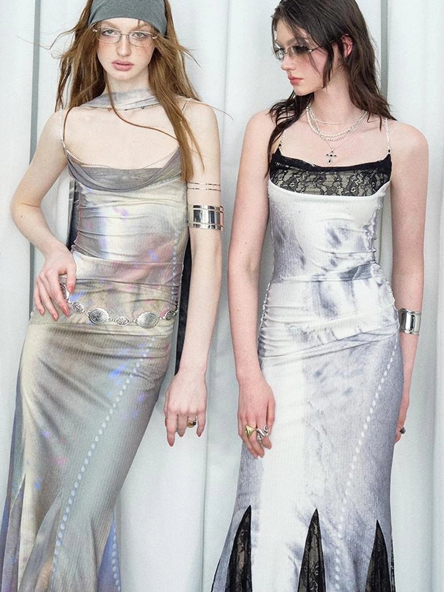 OfAkiva Moonlit Sculpture Lace Crystal Drop Neck V-neck Dress