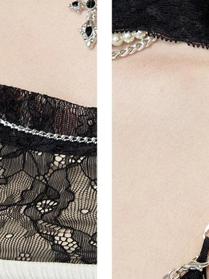 OfAkiva Moonlit Sculpture Lace Crystal Drop Neck V-neck Dress