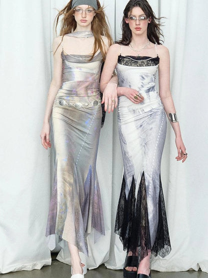 OfAkiva Moonlit Sculpture Lace Crystal Drop Neck V-neck Dress