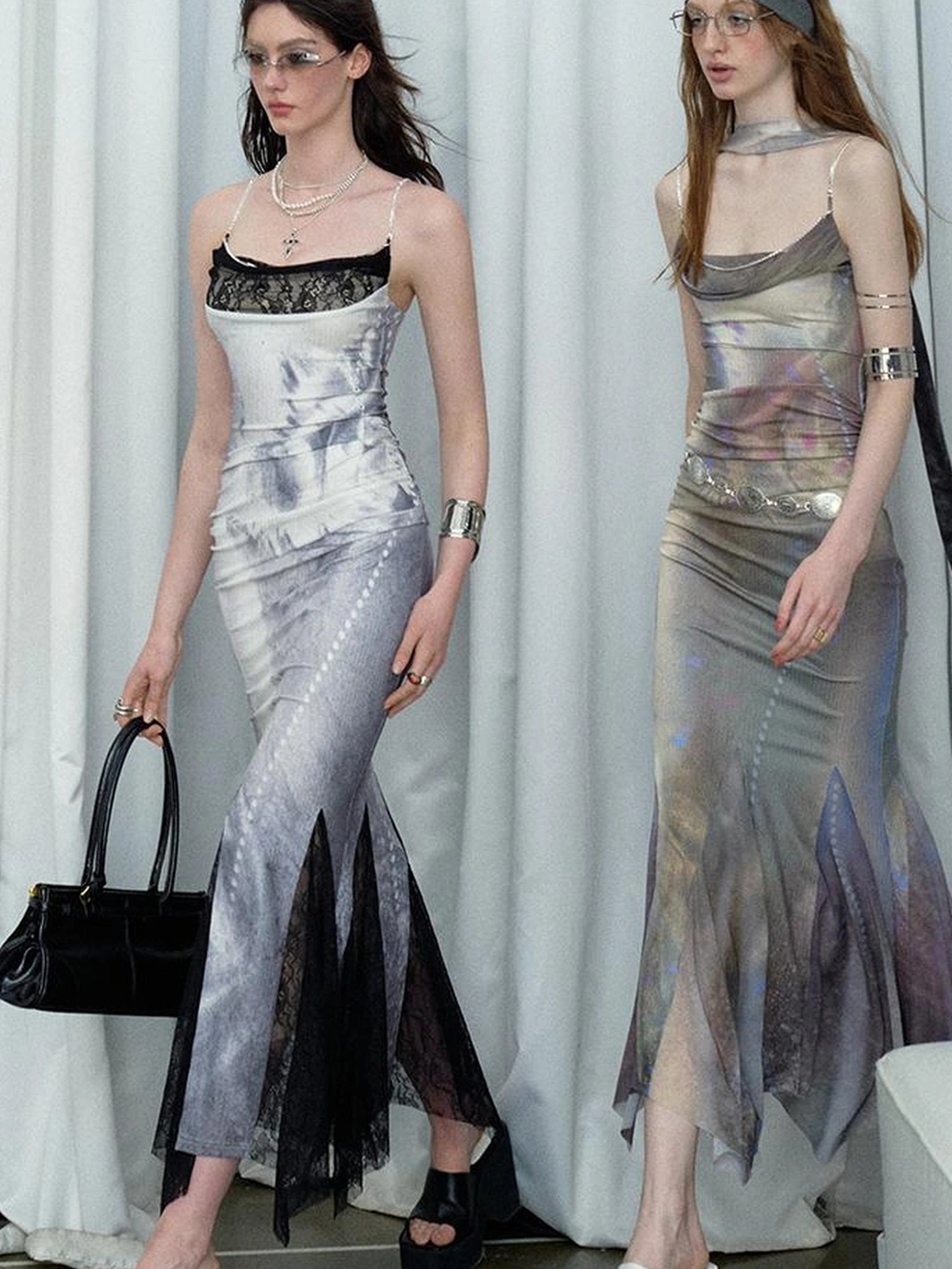 OfAkiva Moonlit Sculpture Lace Crystal Drop Neck V-neck Dress