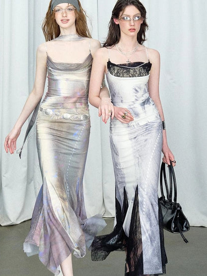 OfAkiva Moonlit Sculpture Lace Crystal Drop Neck V-neck Dress