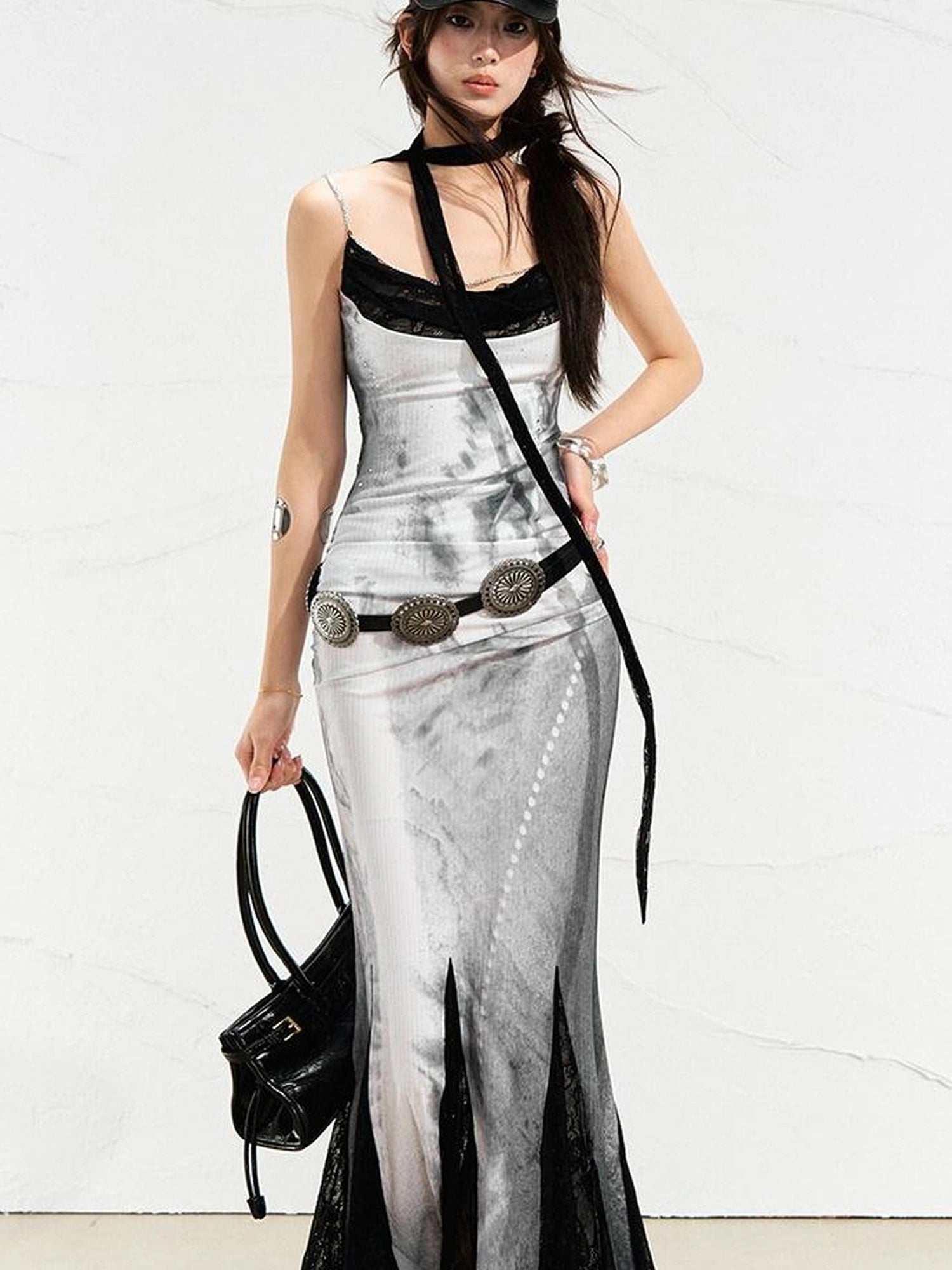 OfAkiva Moonlit Sculpture Lace Crystal Drop Neck V-neck Dress