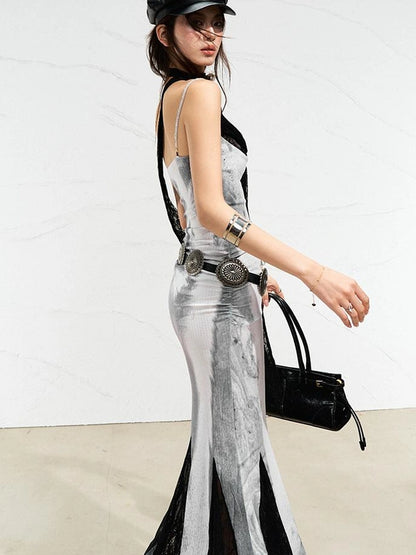 OfAkiva Moonlit Sculpture Lace Crystal Drop Neck V-neck Dress