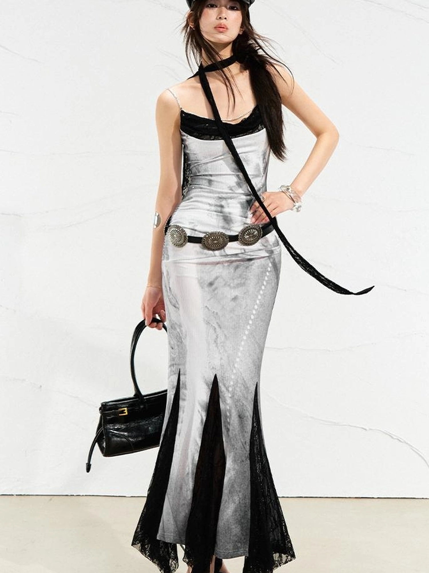 OfAkiva Moonlit Sculpture Lace Crystal Drop Neck V-neck Dress