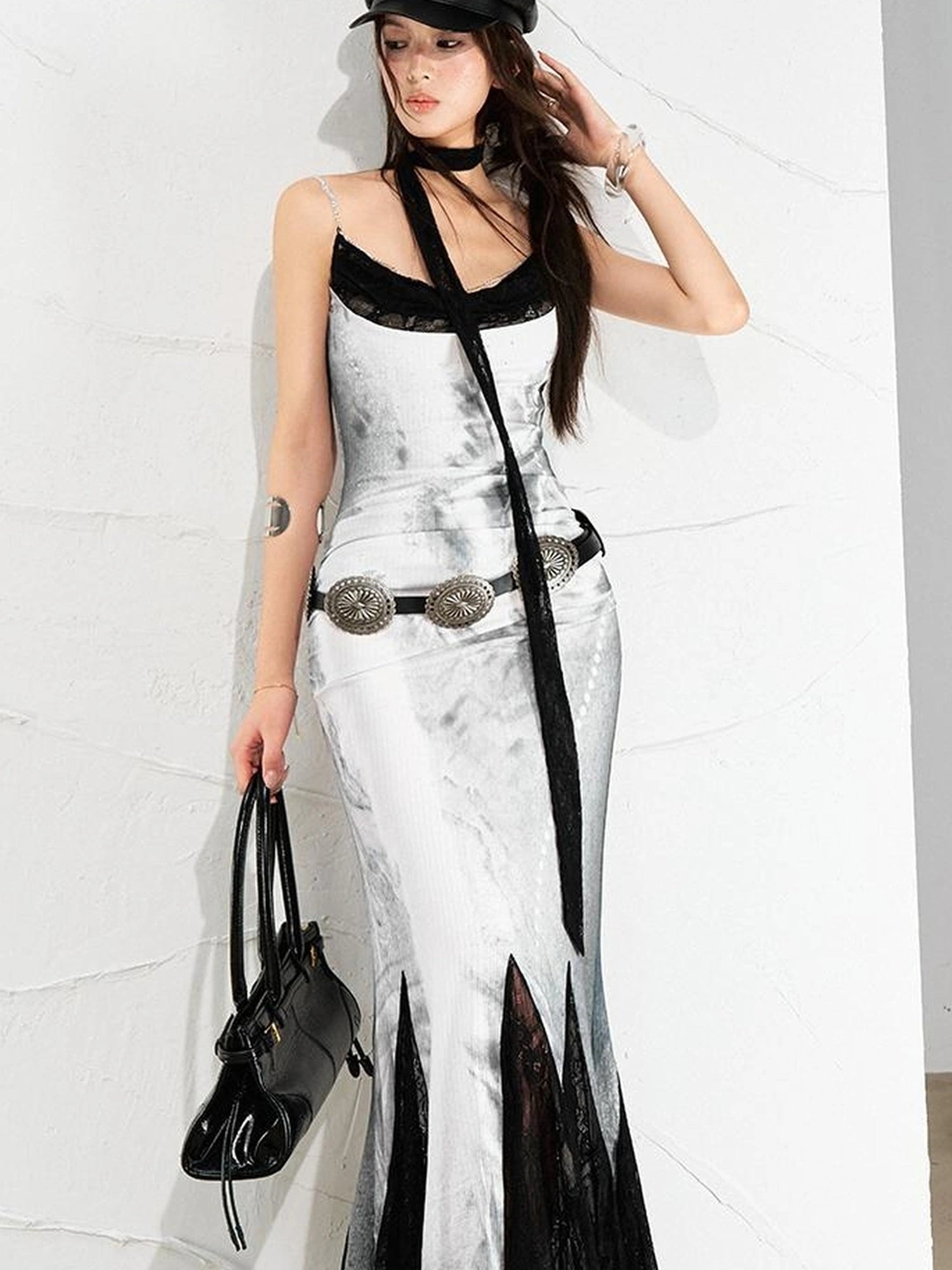 OfAkiva Moonlit Sculpture Lace Crystal Drop Neck V-neck Dress