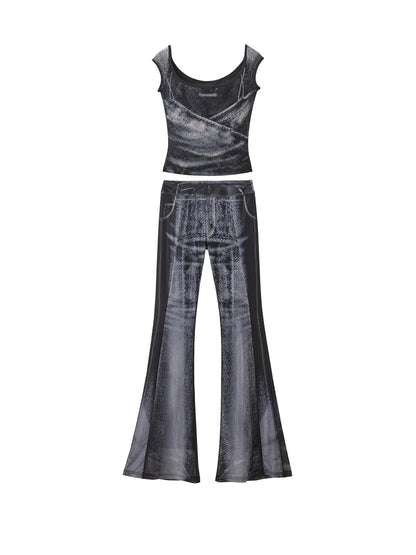 OfAkiva Multilayer Control Denim Print Ice Cool Mesh Set