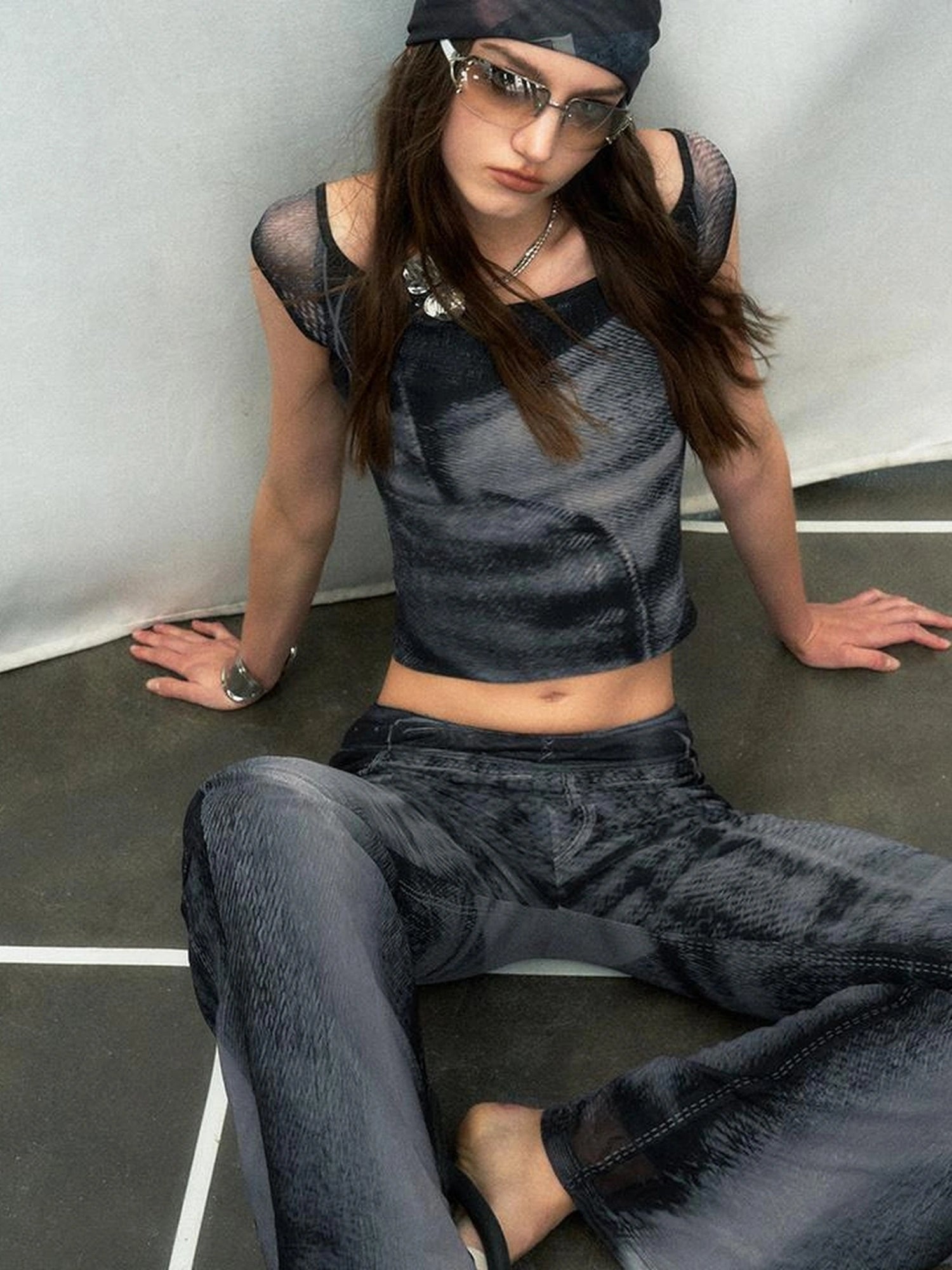 OfAkiva Multilayer Control Denim Print Ice Cool Mesh Set