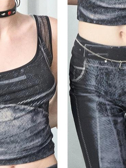 OfAkiva Multilayer Control Denim Print Ice Cool Mesh Set