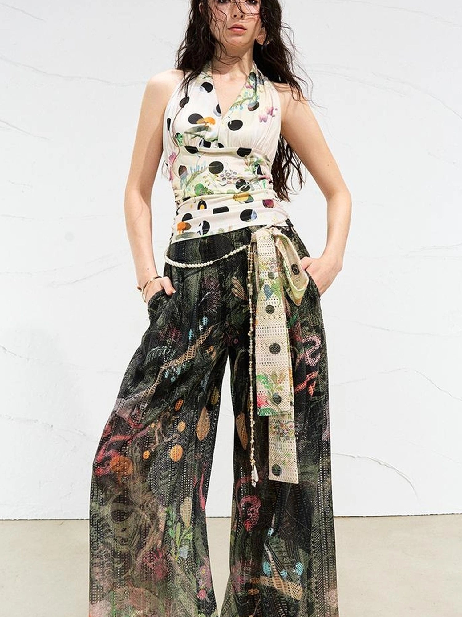OfAkiva Mystic Forest Sheer Print Wide Leg Pants