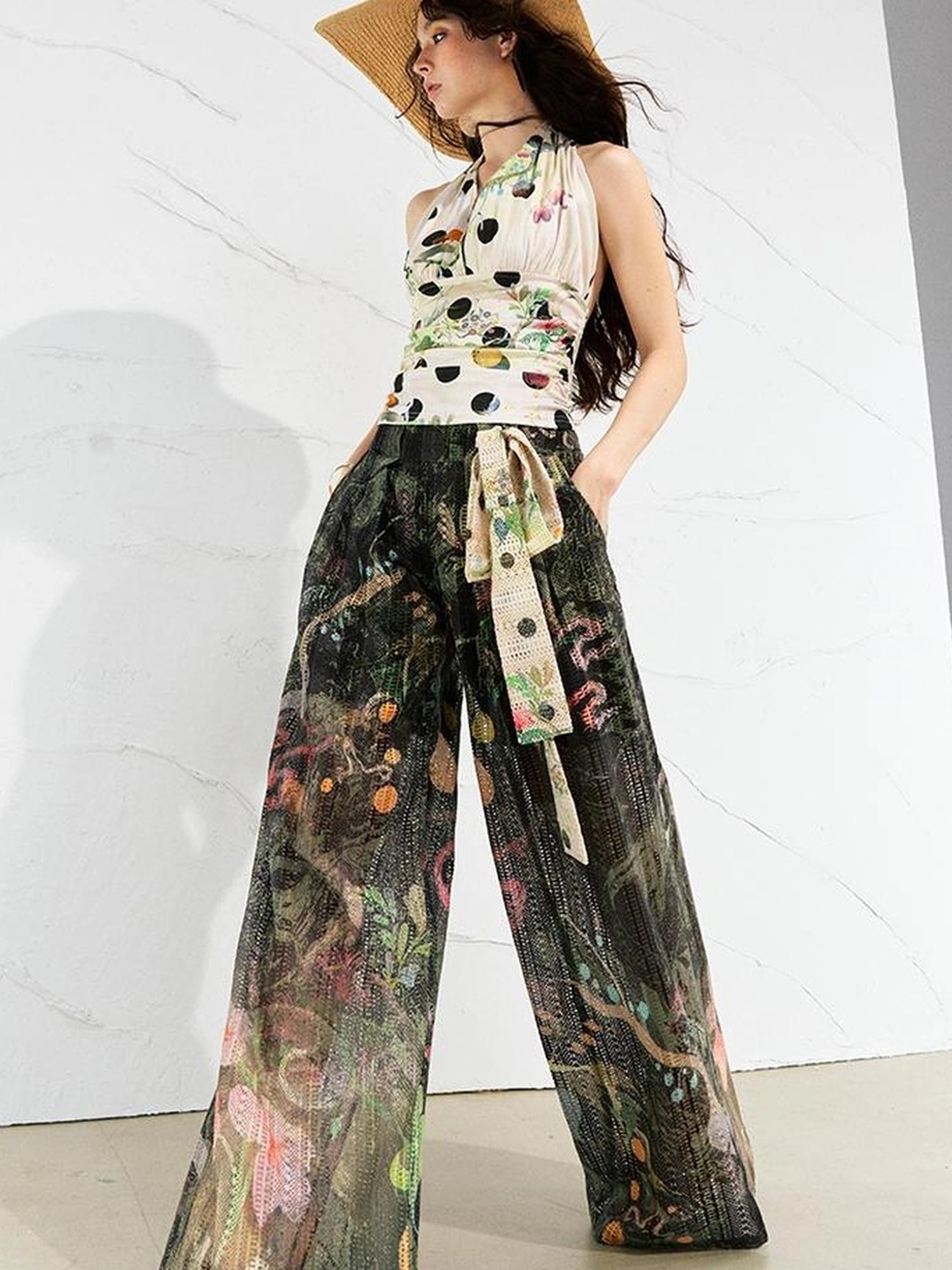 OfAkiva Mystic Forest Sheer Print Wide Leg Pants