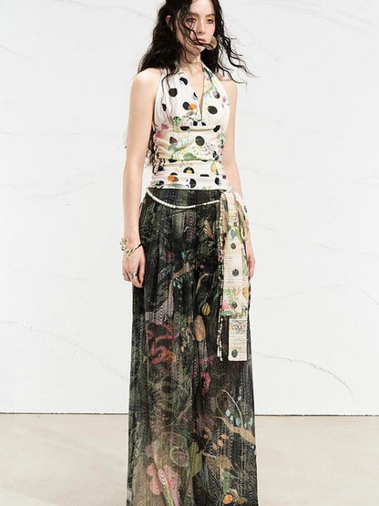 OfAkiva Mystic Forest Sheer Print Wide Leg Pants