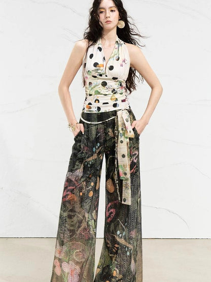 OfAkiva Mystic Forest Sheer Print Wide Leg Pants
