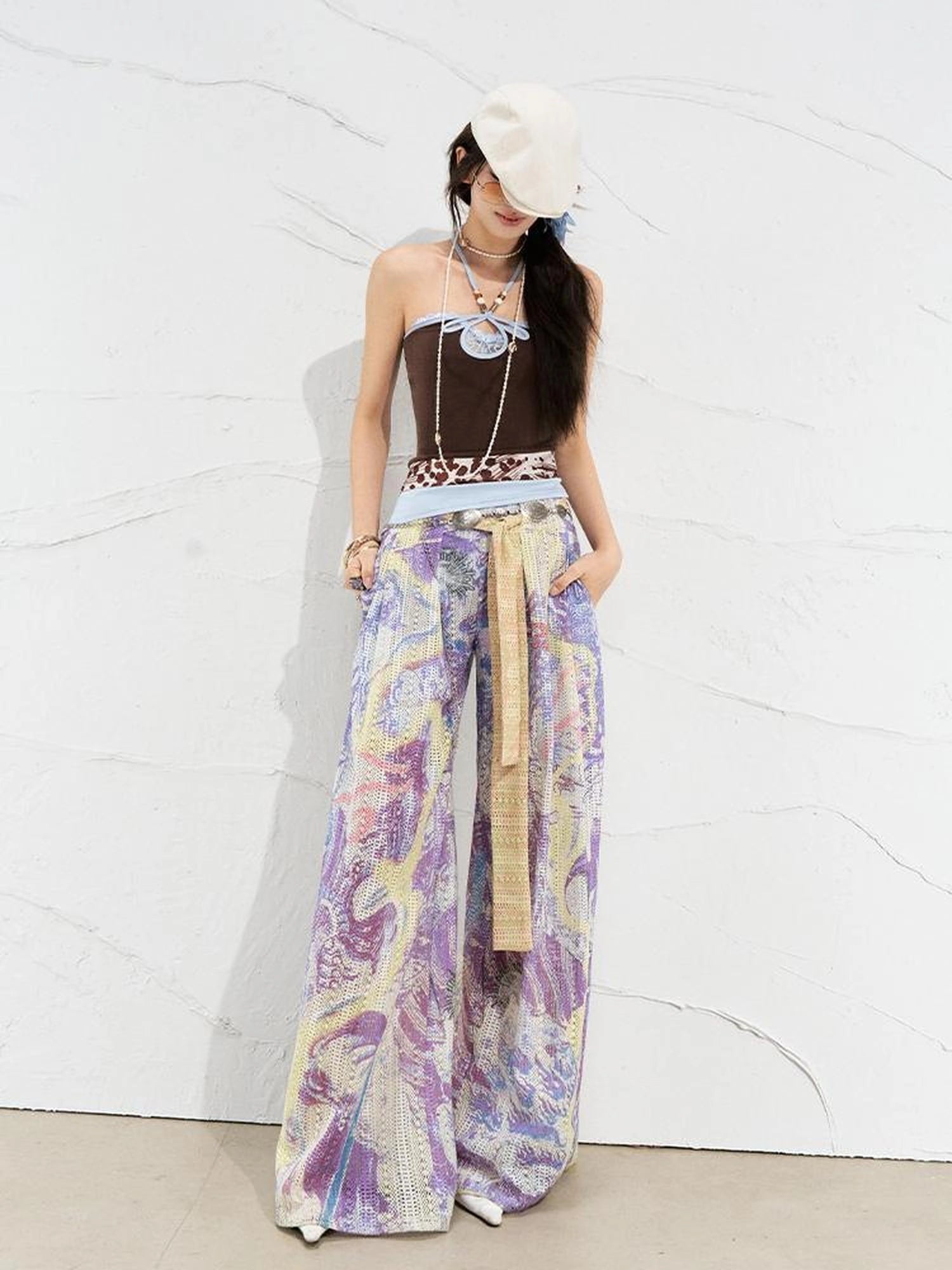 OfAkiva Mystic Forest Sheer Print Wide Leg Pants