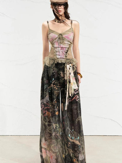OfAkiva Mystic Forest Sheer Print Wide Leg Pants
