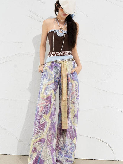 OfAkiva Mystic Forest Sheer Print Wide Leg Pants
