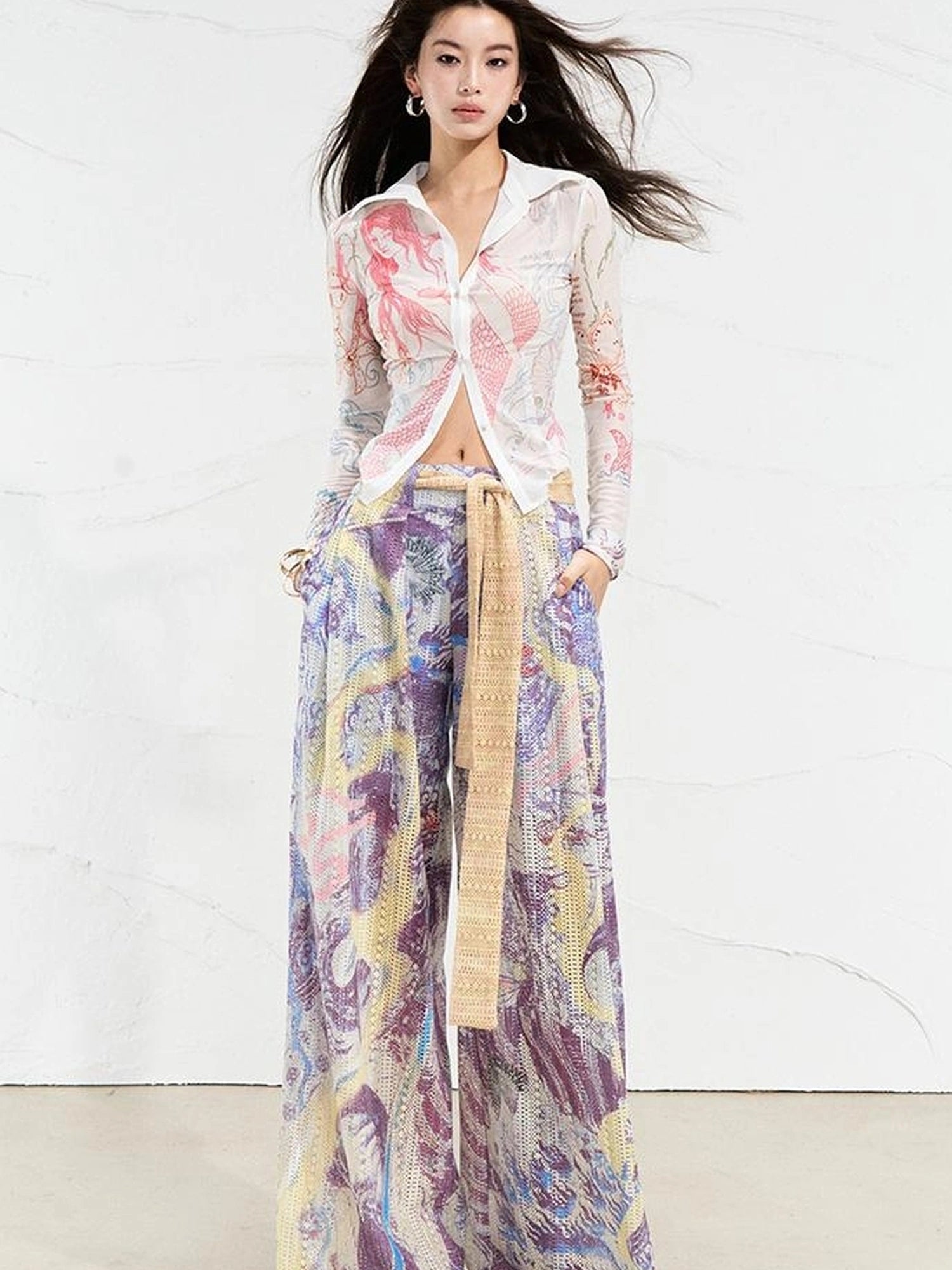 OfAkiva Mystic Forest Sheer Print Wide Leg Pants