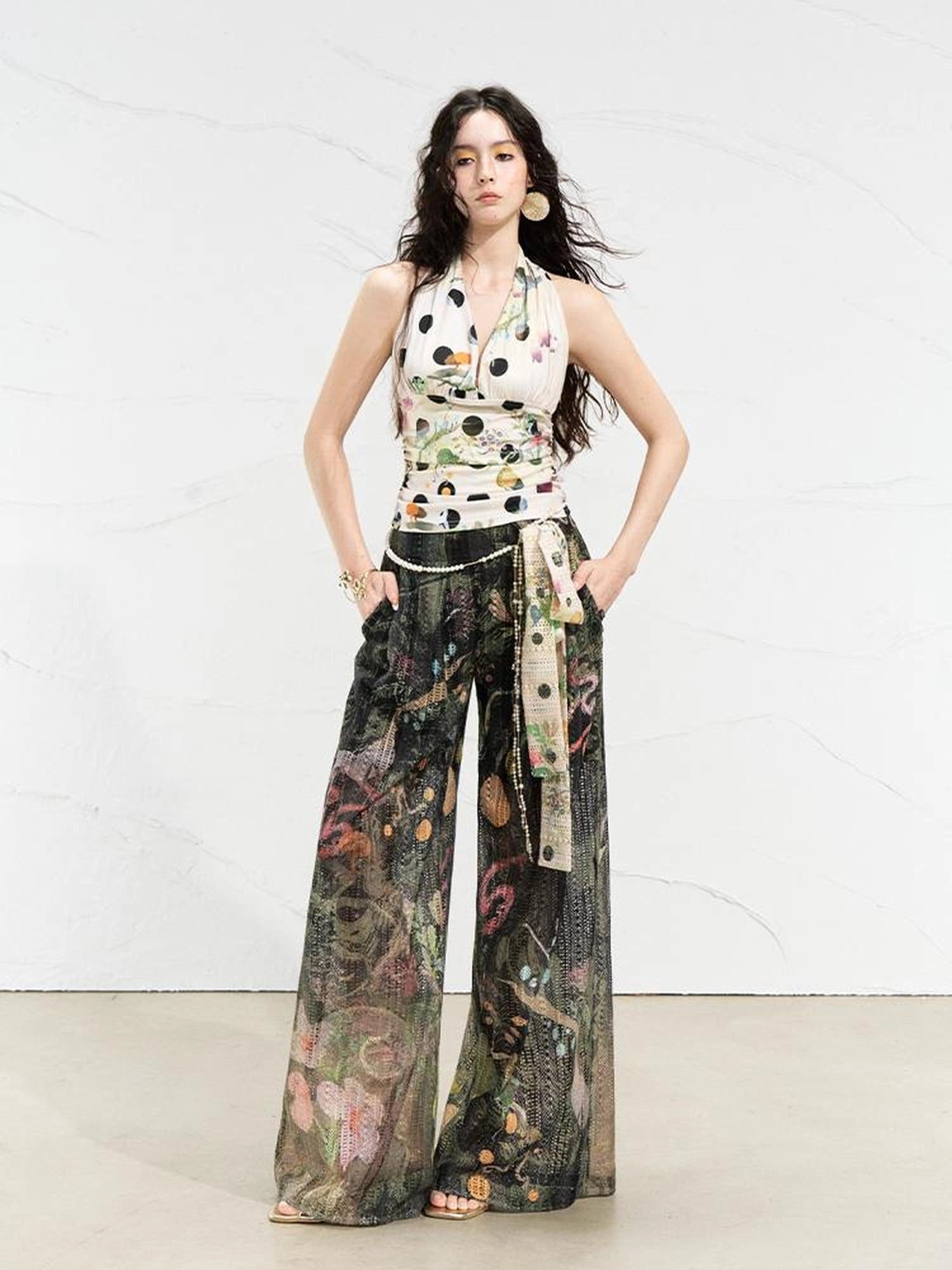 OfAkiva Mystic Forest Sheer Print Wide Leg Pants