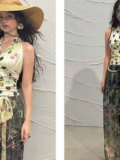 OfAkiva Mystic Forest Sheer Print Wide Leg Pants