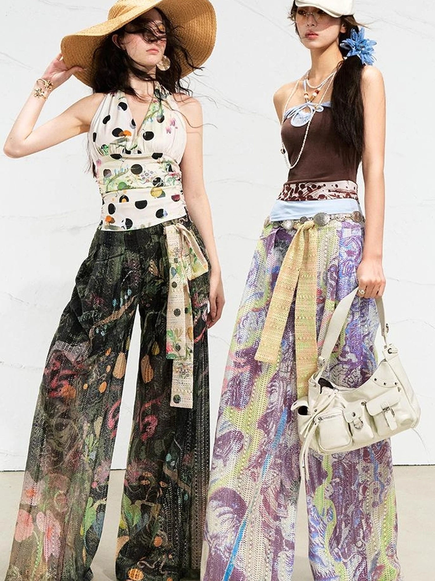 OfAkiva Mystic Forest Sheer Print Wide Leg Pants