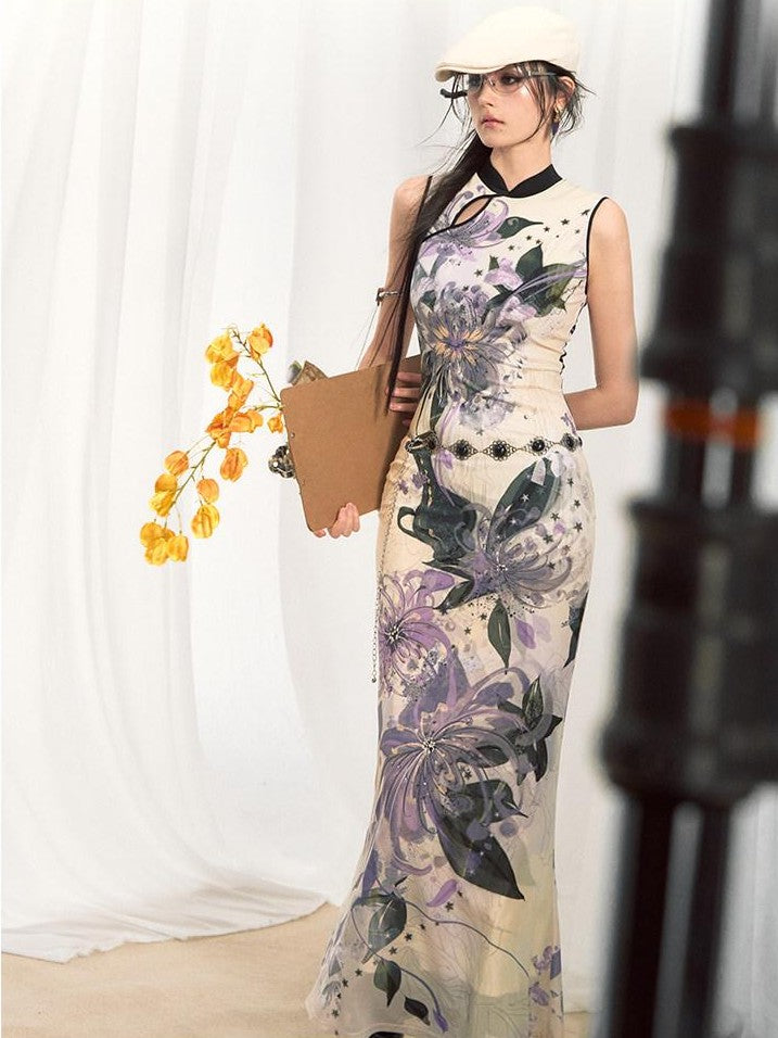 OfAkiva New Chinese Print Stand Collar Mermaid Waist Cinched Women&