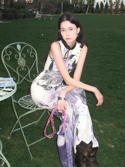 OfAkiva New Chinese Print Stand Collar Mermaid Waist Cinched Women&