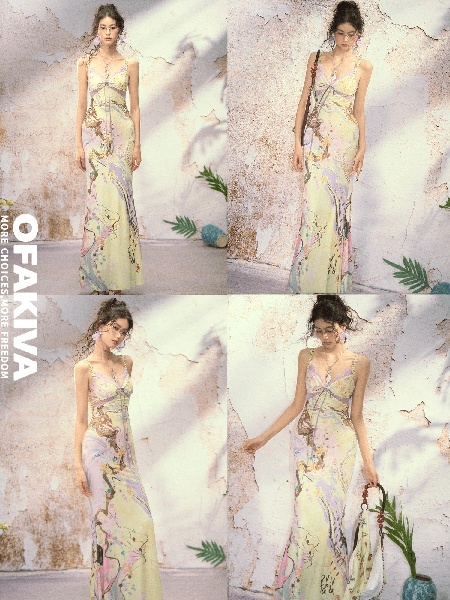 OfAkiva New Chinese Printed Spaghetti Strap Slim Fishtail Women&